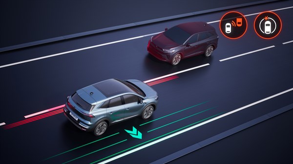 Renault Symbioz full hybrid E-Tech - détection avant avec correction trajectoire d'urgence